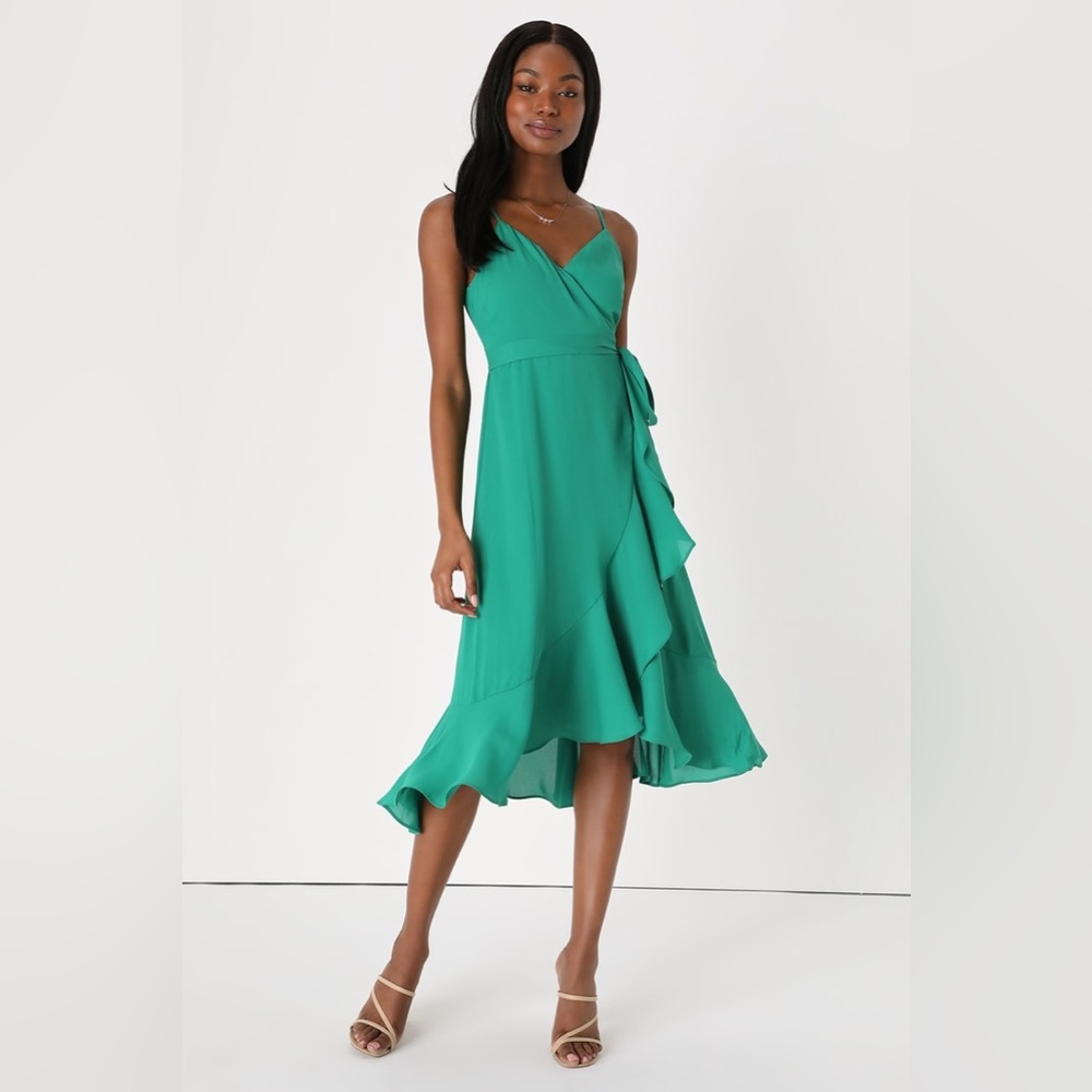 Manhattan Moment Dark Green Ruffled Midi Wrap Dress Size Large NWT